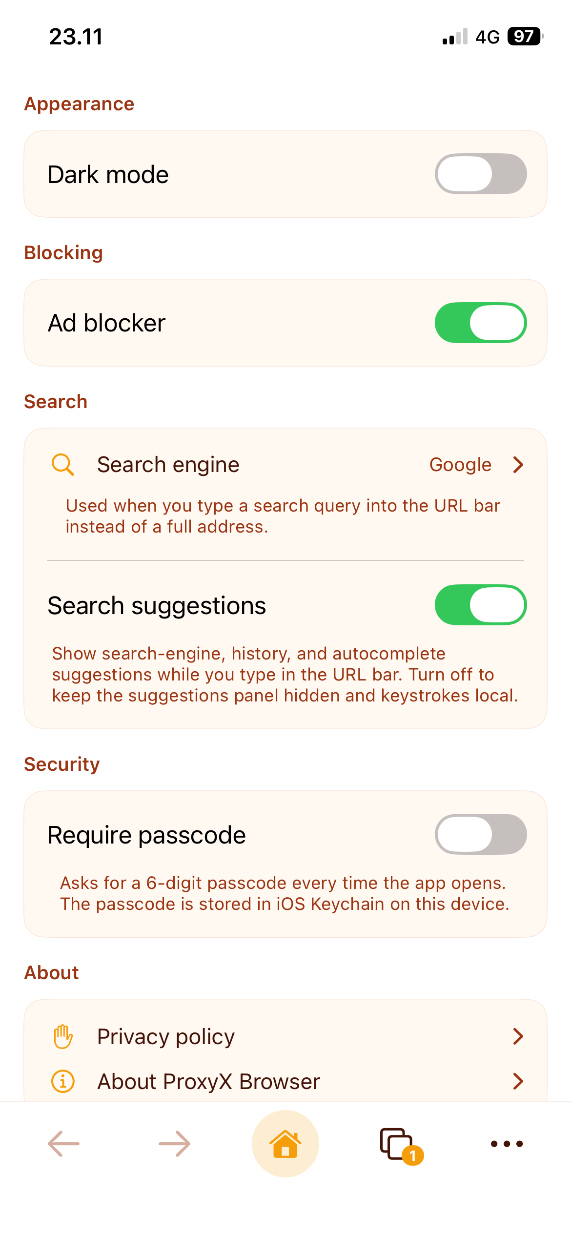 ProxyX Browser settings